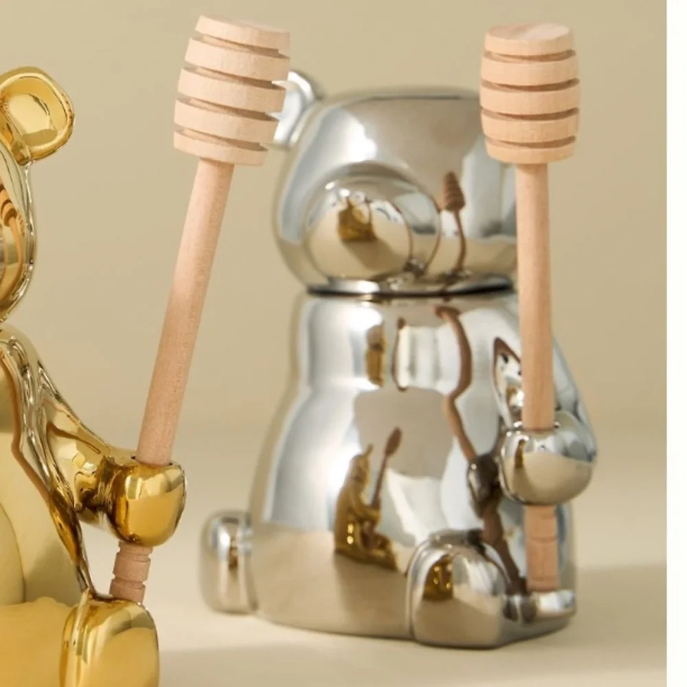 Anthropologie Silver Metallic Bear Honey Jar /Pot w/ Wooden Dipper in Bear’s Paw - Picture 4 of 13